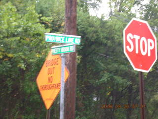 Princeton run -- Pretty Brook -- signpost -- BridgeOut sign