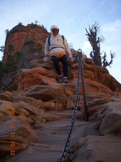 787 6cx. Zion National Park - sunrise Angels Landing hike - Adam climbing down chains