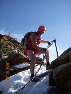810 6eu. Zion National Park - Angels Landing hike - Adam coming down the icy part