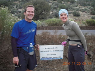 Dave and Elizabeth on Bagdad run - Active Mine Area sign