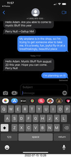 Mystic Bluff fly-in text message